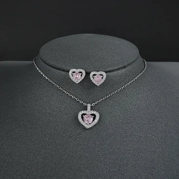 2 adet Paketi gümüş renk gelin takı seti kalp şekli düğme küpe Kolye kolye promise moda noel hediyesi J1472-pink  10