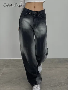 Cuteandpsycho Batik Baskı Şalvar Kot Yüksek Belli Streetwear Harajuku düz pantolon Rahat Temel Y2K Vintage kadın Kapriler  11