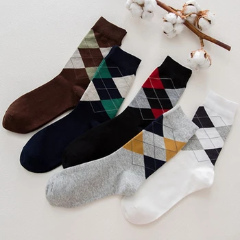 Erkekler Kış Sonbahar Pamuk Ekip Çorap Vintage Kontrast Renk Argyle Ekose Desenli Baskı Nefes Resmi Iş Rahat  5