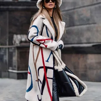 Baskılı Ters Ceket Kadın Sonbahar Kış 2021 Uzun Yelek Üst Eğlence Uzun Koyun Derisi Gevşek Ceket Moda Kadın Uzun Ceket  5