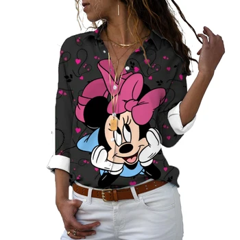 Disney Artı Boyutu Uzun Kollu Baskılı Kadın Düğmesi Uzun Kollu Gömlek Mickey Minnie Rahat Sevimli Gömlek  5