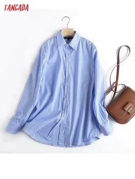 Tangada Bahar Kadınlar Boy Çizgili Baskı pamuklu bluz Uzun Kollu Şık Kadın Ofis Bayan Gömlek Blusas Femininas 4C220  3