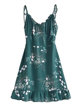 YENKYE 2022 Kadınlar Vintage Yeşil Çiçek Baskı Fırfır Sling şifon Elbise Fransız Tarzı Yaz Elbise A-line Bayanlar Kısa Vestido  5