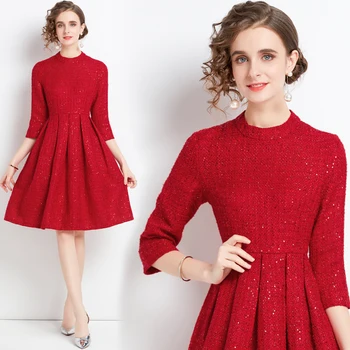 Fransız tüvit kırmızı küçük kırmızı etek pullu yün kadın elbise HL89150100  5