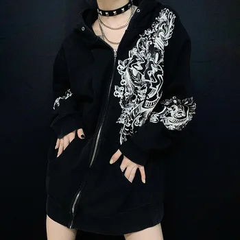 Gotik Grunge Siyah Baskı Hoodies Uzun Kollu Gevşek Zip Ceket Ceket Sonbahar Yeni Kadın Punk Kapüşonlu Sweatshirt Şık Streetwear  5
