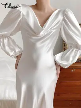Moda Kukuletası Boyun Midi Vestidos Celmia Zarif Saten İpek Elbise 2022 SummerSexy Uzun Kollu İnce Elbise Kore Tarzı uzun elbise  4