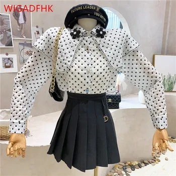 2022 Sonbahar Ve Kış kadın Kore Moda Boncuklu Gömlek Retro Çiçek Baskı Pelerin Sahte İki Polka Dot Uzun kollu gömlek  5