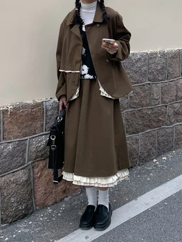 Vintage Kawaii Kadın Etek Takım Elbise Yeni Japon Şık Ceket + Peri Midi Etek Seti Fırfır Kore Tarzı Seti Kadın 2 adet Kış 2021  5