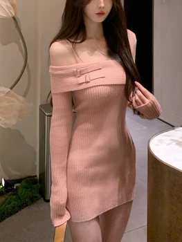 2022 Sonbahar Örme Kazak Kadınlar Casual Zarif Tek Parça Elbise Kore Moda Ofis Bayan Dış Giyim Y2k Mini Elbise Kadın Şık  5