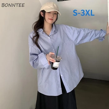 Çizgili Gömlek Kadın S-3XL Ofis Bayan Rahat Tasarım Kore Tarzı Kadın Estetik Basit Zarif Şık Klasik Uzun Kollu  3