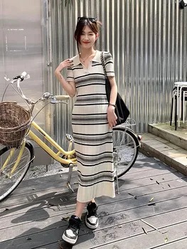 Şerit Polo yaka Örgü Elbise elbise Yaz Zarif rahat kadın elbiseleri Streetwear Gevşek ıns Kore moda Kadın giysileri  5