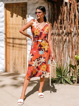 BAYAN PETAL Turuncu Çiçek Kravat Omuz Midi Elbise Kadın Seksi V Yaka Backless Tatil Plaj Elbise 2023 Yaz Kadın Sundress  5
