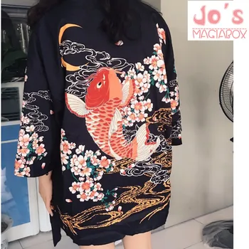Yaz Üst Balık Japon Kimono Hırka Kadın Bluz Kadın Gömlek Jiu Jitsu Harajuku Kimono Çiçek Kawaii Uzun Artı Boyutu  5
