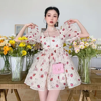 Yaz Kadın Tatlı Çilek Baskı Organze Mini Elbise Vintage Kare Boyun Yüksek Bel Puf Kollu Bej A-Line Elbiseler Vestidos  3