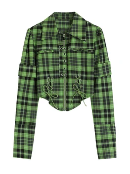 Kadınlar Yeşil Ekose Düzensiz Bandaj Bluz Yeni Yaka Uzun Kollu Gevşek Fit Gömlek Moda Gelgit Bahar Sonbahar 2022 N984  5