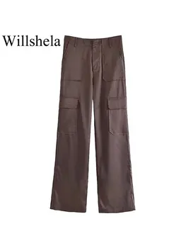 Willshela Kadın Moda Katı Pantolon Yan Cepler Ile Vintage Yüksek Bel Kadın Şık Bayan Düz Pantolon  5