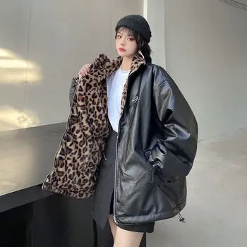 Çift taraflı leopar baskı kalınlaşmış peluş ceket kadın kış yeni Y2K retro artı kadife sıcak ceket aşk pamuklu ceket gelgit  3