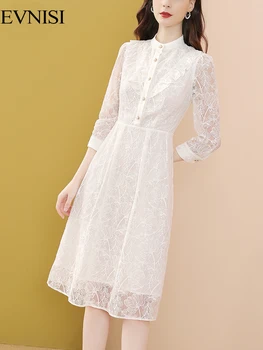 EVNİSİ Beyaz Dantel Elbise Kadınlar 2022 İlkbahar Ve Sonbahar Hollow Out Elbiseler Katı Casual A-line O-boyun Ofis Bayanlar Vestidos  5