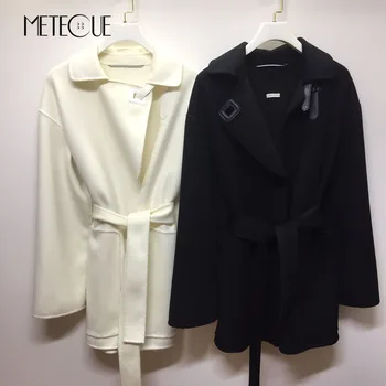 % 100 Kaşmir Palto Siyah Beyaz Renk 2022 Sonbahar Kış Yeni Moda Kadın Uzun Kollu Ceket Yaka KIS   5