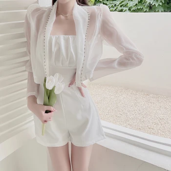 Rahat 2 Takım Kadın Yaz Moda Güneş geçirmez Uzun Kollu Ceketler Kore Beyaz Tüp Tulum İnce Seksi Backless Zarif Şık Takım Elbise  5