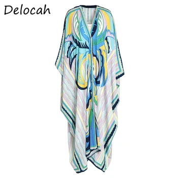 Delocah Bahar yaz elbisesi Moda Ruwan Kadın Batwing Kollu Baskılı Plaj Tatil Kadın Artı Boyutu Maxi Elbiseler vestidos  3