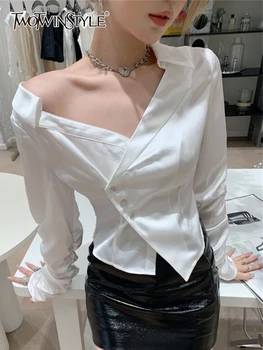 TWOTWINSTYLE Düz Beyaz Gömlek Kadınlar Için V Boyun Uzun Kollu Katı Minimalist Elmas Düğme Düzensiz Bluzlar Kadın Giyim  5
