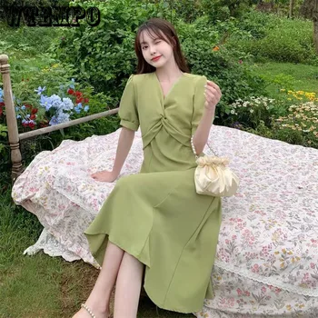 V Yaka Elbise Yaz Yüksek Bel Yalın A-LİNE Orta Buzağı Uzunluğu Willon Yeşil Elbiseler Kadın Kıvrımlar Elbise  5