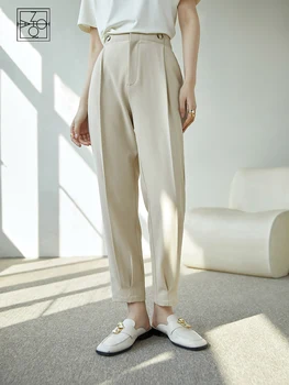 ZIQIAO Japon Yüksek Bel Tam Boy Pantolon Düğmesi Dekorasyon Bel Petite Dokuzuncu Takım Elbise Pantolon Ofis Bayan Katı Bahar Pantolon  5
