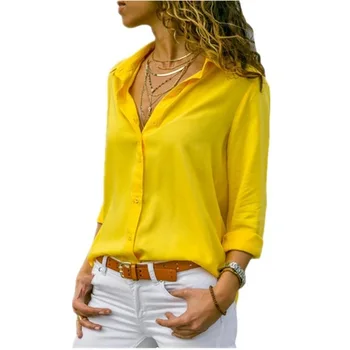 S-8XL Büyük Boy Bluzlar Kadın Şifon Gömlek Bahar Sonbahar Uzun kollu bluz Sarı Beyaz Düğme Çalışma Ofisi Gömlek Blusas  5
