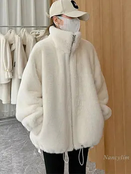2022 Sonbahar ve Kış Yeni Yapay Vizon Kürk Ceket Kadınlar Orta Uzunlukta Kalınlaşmış Sıcak Palto Kuzu Kürk Ceket Öğrenciler Streetwear  5