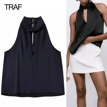 TRAF Siyah kadın Halter Üst Seksi Backless Şifon Bluzlar Kadınlar İçin kolsuz üstler 2022 Streetwear Kapalı Omuz Kadın Gömlek  3