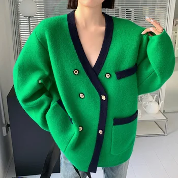 Yeni Kadın Kız Sonbahar Kış Hırka Tam Kollu Örme Kazak V Boyun Triko Yeşil Büyük Boy Ceket Gevşek Hırka Tops  5