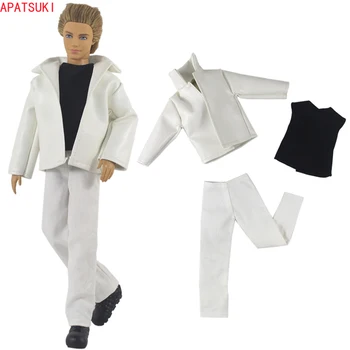 Beyaz Deri Moda Giyim Seti Ken erkek oyuncak bebek Kıyafetler Ceket Ceket Yelek Pantolon Pantolon Barbie Ken Bebek Aksesuarları  5