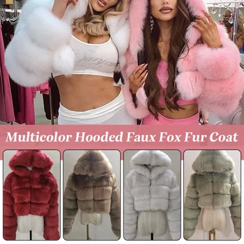Lüks Kadın Kış Kalın Sıcak Kürk Palto Moda Faux Fox Kürk Ceket Zarif Şık Kısa Kapşonlu Kabarık Üstleri Sahte Kürk Ceket  5