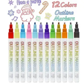 Çift Anahat işaretleme kalemleri 12 Renk Çift Hat Pırıltılı İşaretleyiciler Metalik Kalemler Anahat İşaretleyiciler Çizim Yazma Tebrik  5