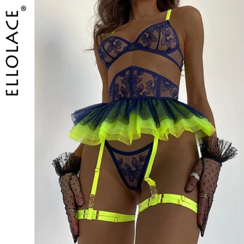 Ellolace Fırfır Neon İç Çamaşırı Dantel Süper İnce Porno İç Çamaşırı Sansürsüz Fantezi Narin Samimi Lüks Jartiyer 5 Parça Kıyafet  10