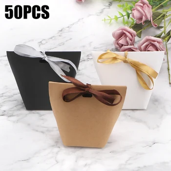 Düğün İyilik Hediye Kutusu Paketi Boş kraft kağıt Torba Doğum Günü Partisi Dekorasyon Çantaları Kurdele İle 50 adet Beyaz Siyah Şeker Çantası  5