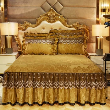 1 adet Yatak Etek + 2 adet Yastık Kılıfı Avrupa Lüks Kadife Yatak Örtüsü Kabartma Baskılı Yatak Etek Romantik Nakış Dantel Yatak Etek  5