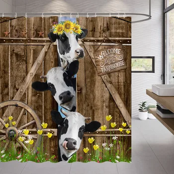Ahşap kapı İnek Duş Perdesi Çiftlik Hayvan Ahır Kapı Ahşap Tekerlek Kabak Ayçiçeği Retro banyo perdesi Banyo Aksesuarları Seti  5