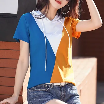 Yaz T Shirt Kadın Kapşonlu Kısa Kollu Pamuklu Tişörtleri Patchwork Kontrast Renk Casual Tops Tees Moda 2022 Kadın Giysileri  10
