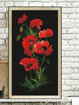 hh YENİ Kırmızı haşhaş çiçekler çapraz dikiş paketi bitki setleri aida 14ct siyah kumaş ınsanlar kiti nakış DIY el yapımı oya  5