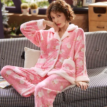 Mercan Polar Pijama Setleri Kadın Kış Patchwork Turn Down Yaka Sıcak Uzun Kollu Pijama Zarif Salon Sevimli Pazen Pijama  10