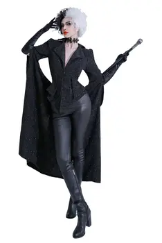 Cruella Cosplay Kostüm Siyah Ceket Elbise Kıyafetler Cadılar Bayramı Karnaval Elbise  0