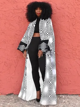 Indie Halk Tarzı Geometrik Baskı Açık Dikiş Kadınlar Uzun Kollu Kat Uzunluk Hırka afrika kıyafeti Gevşek Tüm Maç Outerwears  5