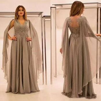 Zarif Şifon Dantel Anne Gelin Elbiseler Şal Kollu V Yaka Artı Boyutu Suudi Arapça Damat Anne Akşam balo kıyafetleri  10
