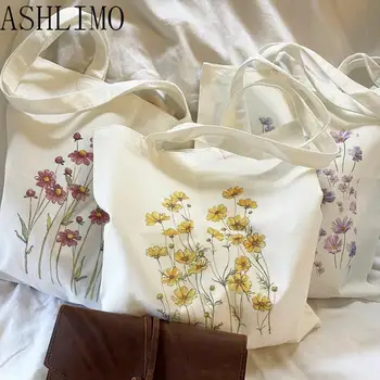 Alışveriş Çantaları Çiçek bez alışveriş çantası omuz çantaları Çiçekler Papatya Lavanta Gül Bahçe Çevre Dostu Kullanımlık Sevimli okul çantası  10
