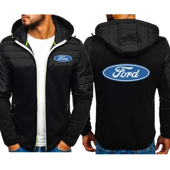 Sonbahar kış Yüksek kaliteli Erkek pamuk kapüşonlu ceket Ford logo baskı Gevşek fermuarlı ceket Moda dikiş kontrast renk ceket  5