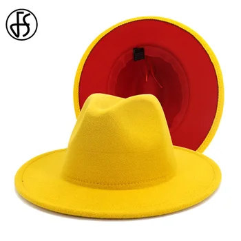 FS 2020 Yeni Sarı Kırmızı Patchwork Yün Keçe Caz fötr şapkalar Erkekler Kadınlar Geniş Brim Panama Kovboy Fötr Şapka Parti Zarif Kap  10
