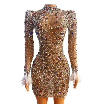 Sparkly Renkli Rhinestones transparan elbise Balo Akşam Seksi See Through Renkli Kristaller Kostüm Doğum Günü Fether Kollu  10
