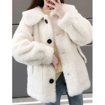 Rahat Faux Lambswool Polar Ceketler Sonbahar Kış Sıcak Kürk Ceket Kadınlar Casual Palto Bayanlar Gevşek Cep Giyim  5
